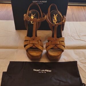 Saint Laurent Tan Suede Tribute T-Strap Platform Heels